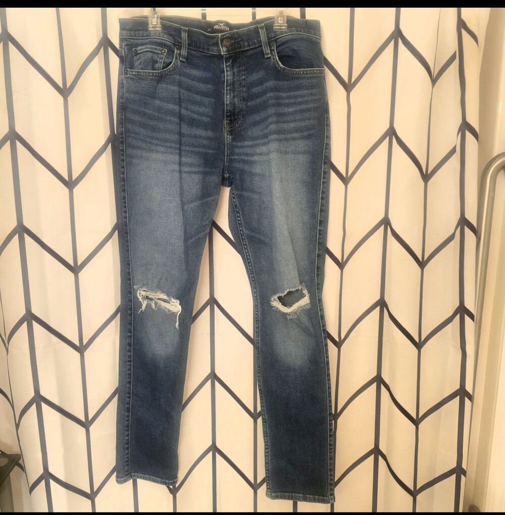 Hollister Dad Jean Epic Flex Men's 34x34 Distressed Straight Blue Jeans